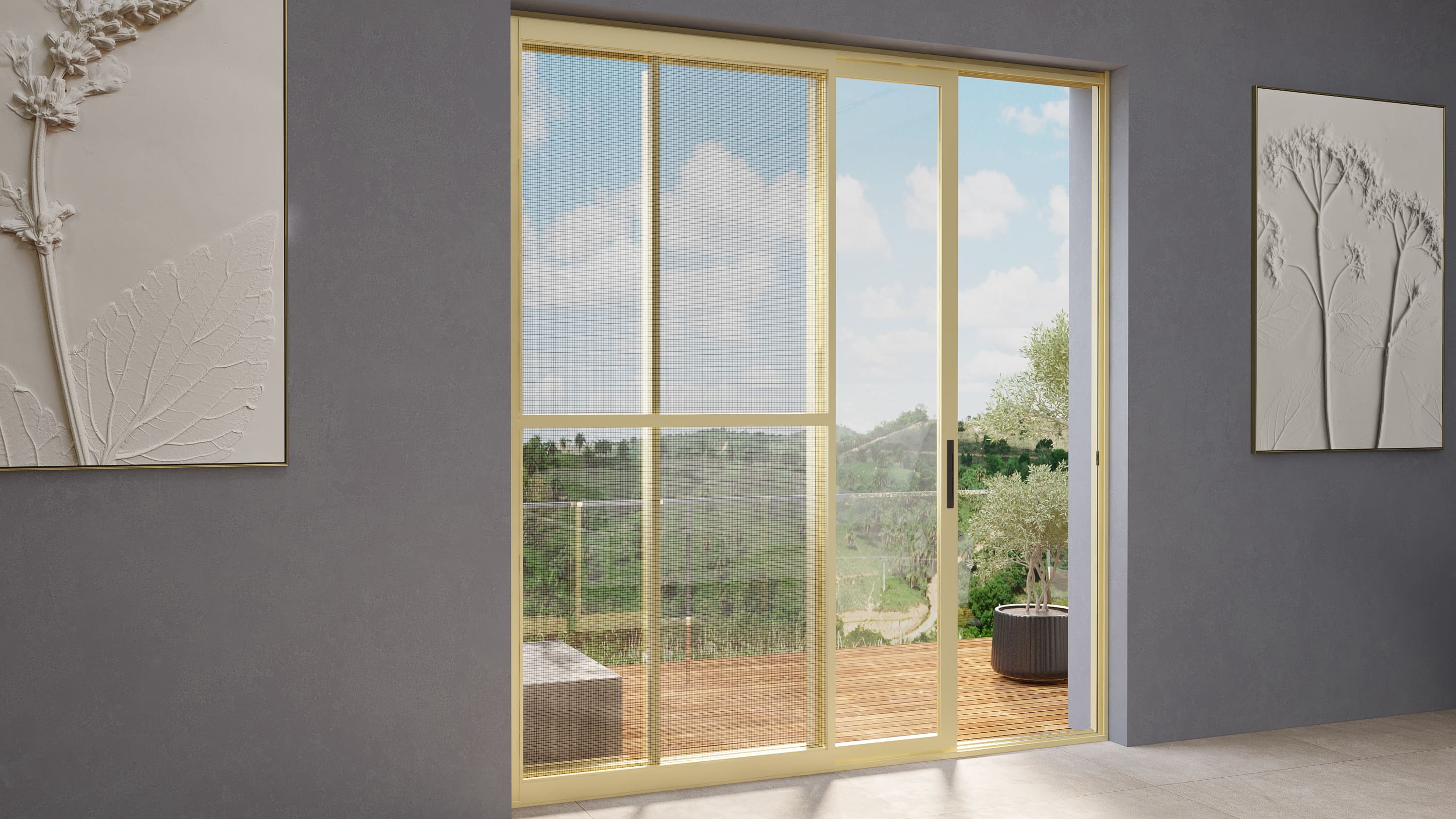 Aluminium sliding door with clear glass panels in a modern space